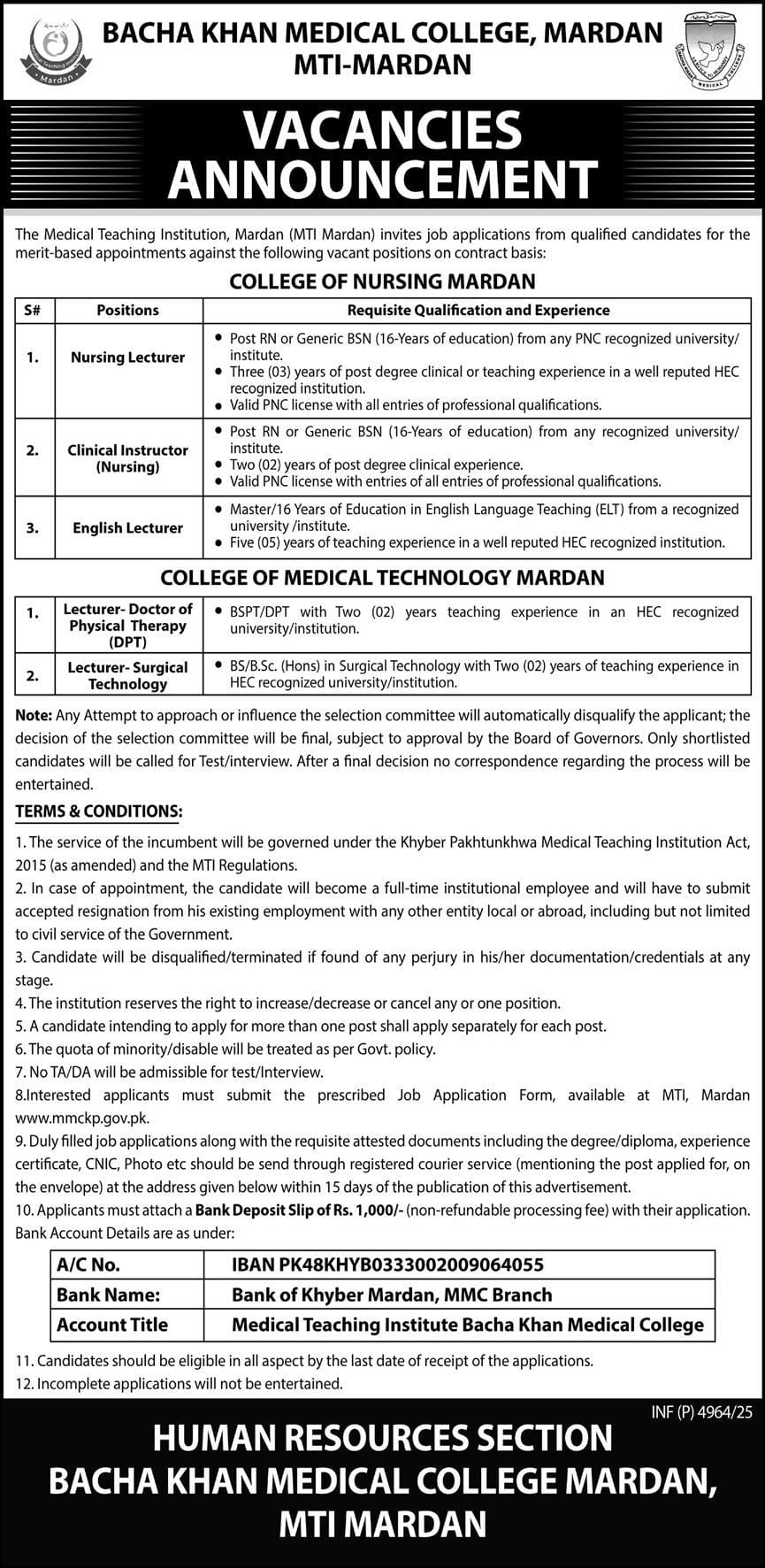 Bacha Khan Medical College Mardan Jobs 2025 – Nursing & Allied Lecturers | Apply by 11 Dec 2025