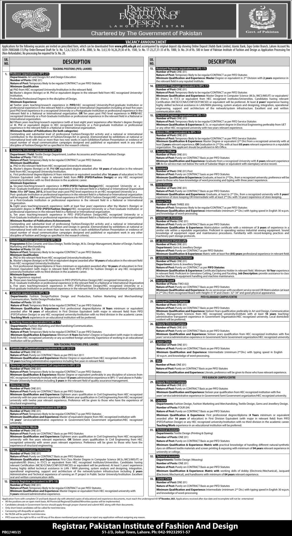 PIFD Jobs 2025 – Pakistan Institute of Fashion and Design Teaching & Non-Teaching Posts